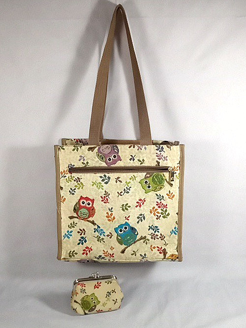 Owl Print Canvas Tote w/Kiss Lock Coin Purse, Zip Close or Hook & Loop