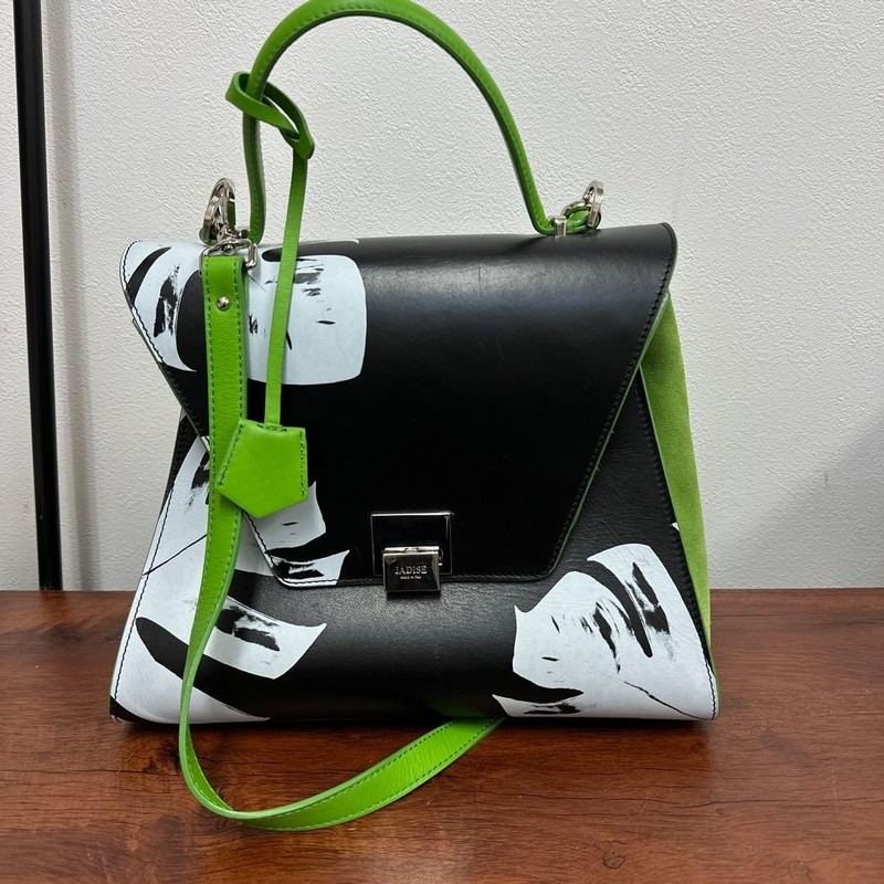 JADISE Italy Leather 2Way Bag Hand Shoulder Green Black Art Design Authentic
