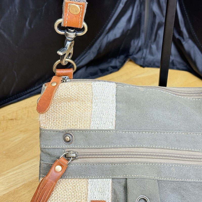 Myra USA Upcycled Canvas Patch Crossbody Bag Burlap Fringe Boho Purse NWOT gallery