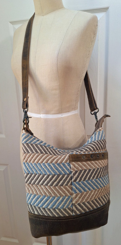 MYRA Blue Chip Crossbody Bag Cotton Fabric Leather Adjustable Strap India Studed