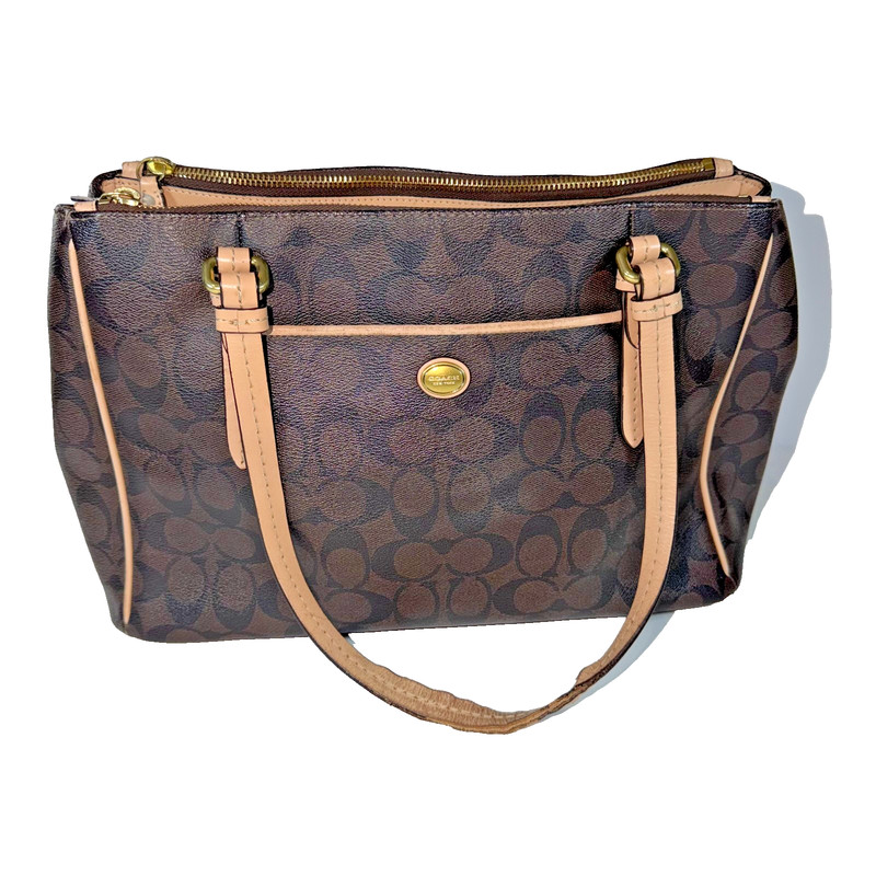 Coach Signature Peyton Double Zip Carryall Beige Dark Brown Purse Logo F26187