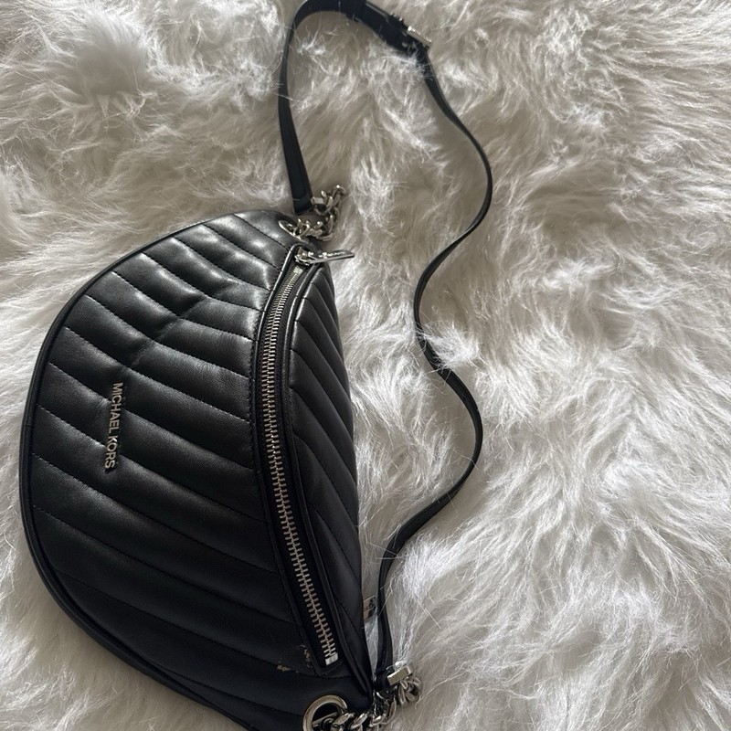 Michael Kors Black Quilted Crescent Crossbody Bag Zip, Logo, Chain Strap gallery
