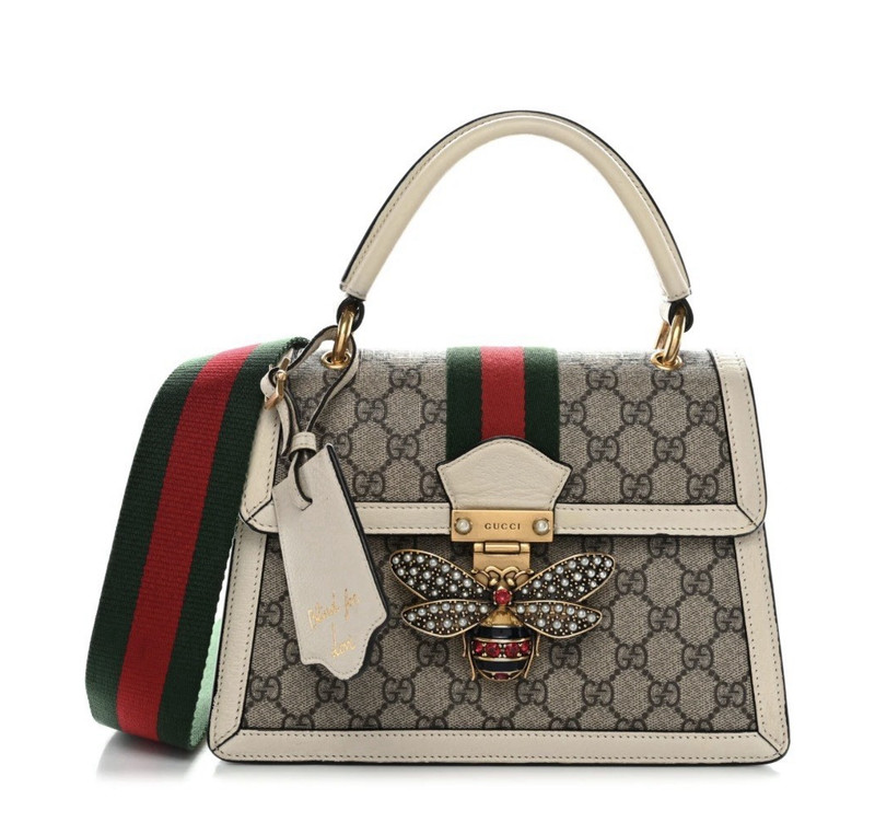 Gucci GG Canvas Bee Top Handle Satchel Bag Web Strap, Gold Hardware, Clasp