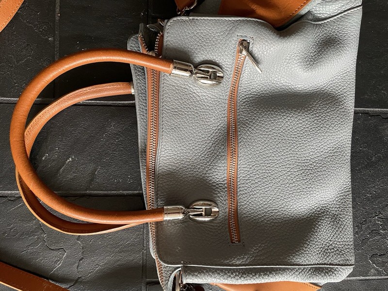Valentina Leather Gray and Brown Shoulder Bag Purse Gold Hardware gallery