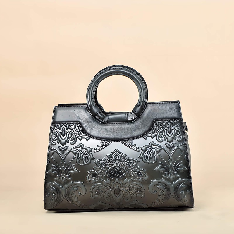Erivis Hand bag for women SmallVintage Black Hand-Carved Leather Bag