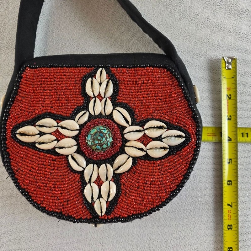 Handcrafted Red Beaded Cowrie Shell Crossbody Bag Native Arts Black Red gallery
