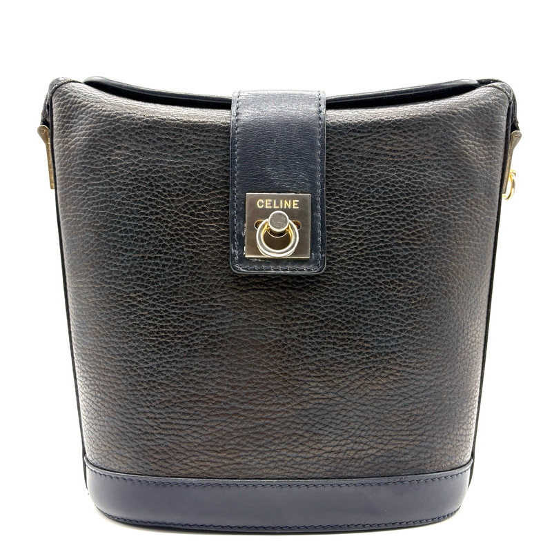 CELINE Gancini Bucket Shoulder Bag Dark Navy Gold Leather Vintage Purse Auth