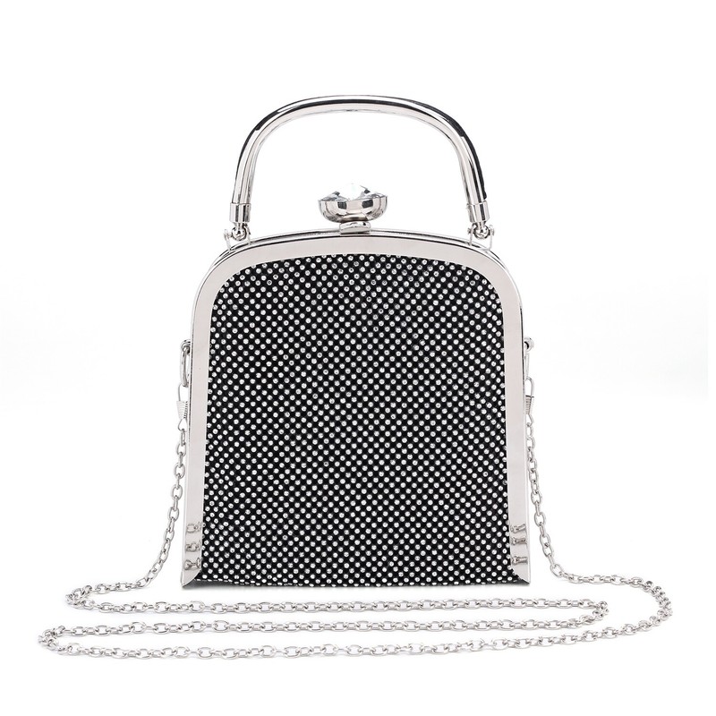 Hearty Trendy Crystal Glass Rhinestone Curvy Shape Evening Bag with Metal Frame