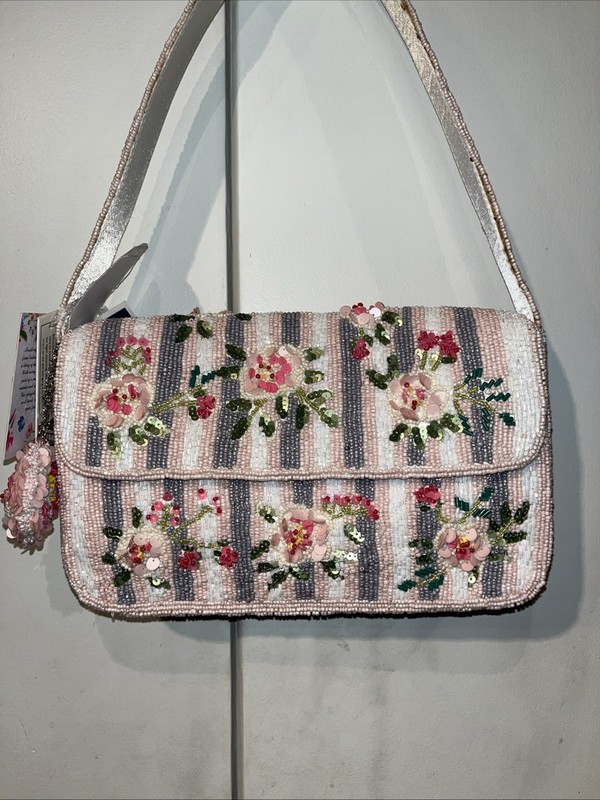 Viral Floral And Striped Beaded Bag W/ Charm. Free Dust Bag And Earrings