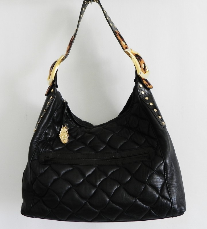 Chi by Falchi Hobo/Shoulder Bag Black Lamb Skin Leather Quilted 13″x10″x5″