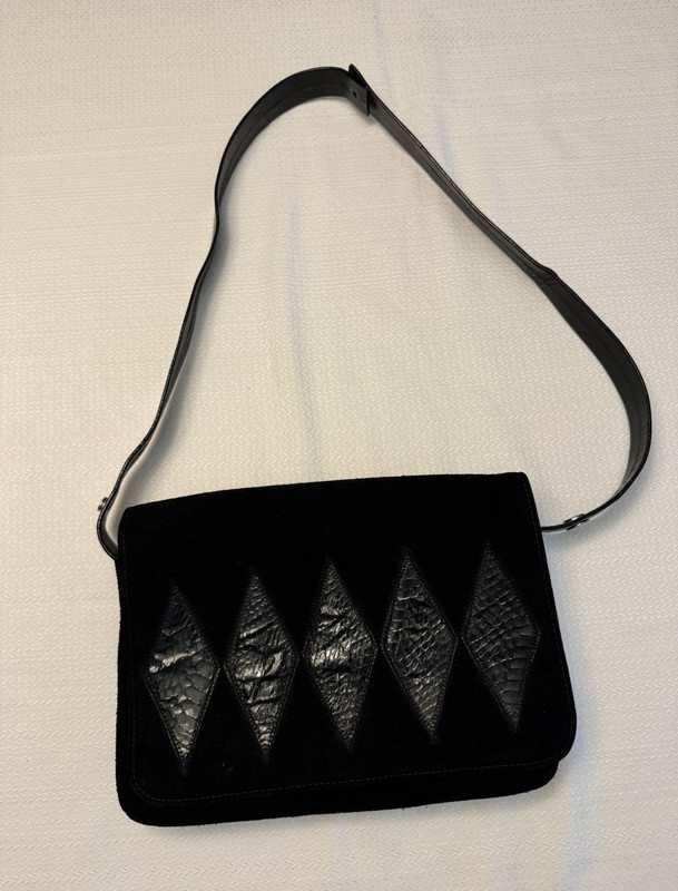 VINTAGE Black Suede Bag Purse Latch Flap Multi-Comparts Green Lined Silver HW