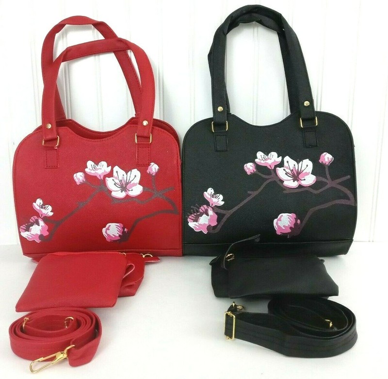 Black Red Faux Leather Floral 3 in 1 Sling Bag With 2 Smaller Bag Lot of 2