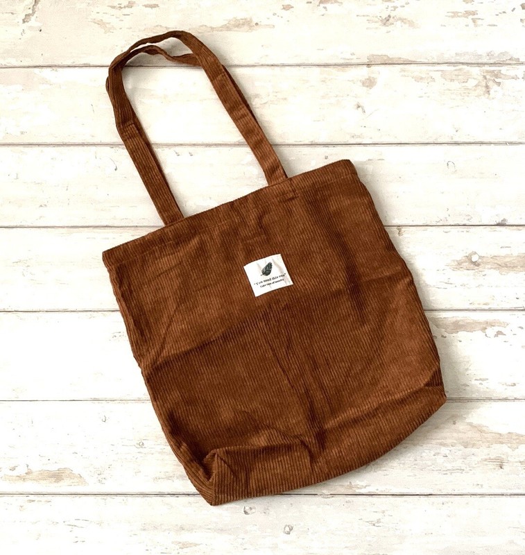 Corduroy Tote Bag Ribbed Brown 100% Cotton Eco Reusable Purse Womens 14in x 14in