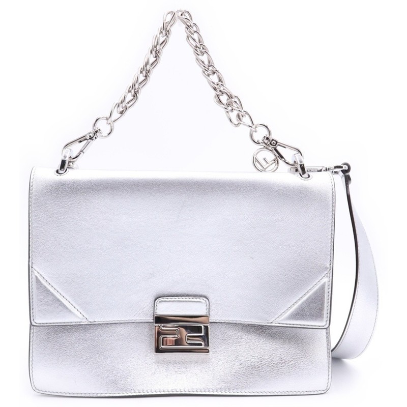 FENDI Canyou Leather 2 Way Chain Handbag Shoulder Bag Silver Used 5e0d71b84188fc