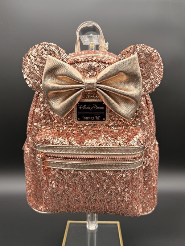 NWT Loungefly Disney Parks Minnie Mouse Rose Gold Sequin Mini Backpack Ears Bow
