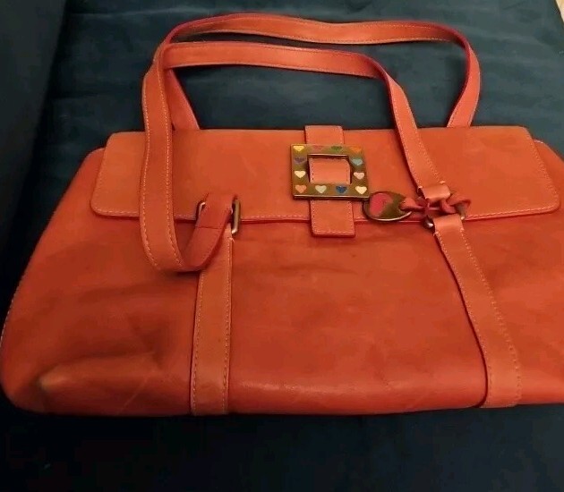 Vintage Dooney And Bourke Pink Leather Bag With Colorful Enamel Heart Buckle