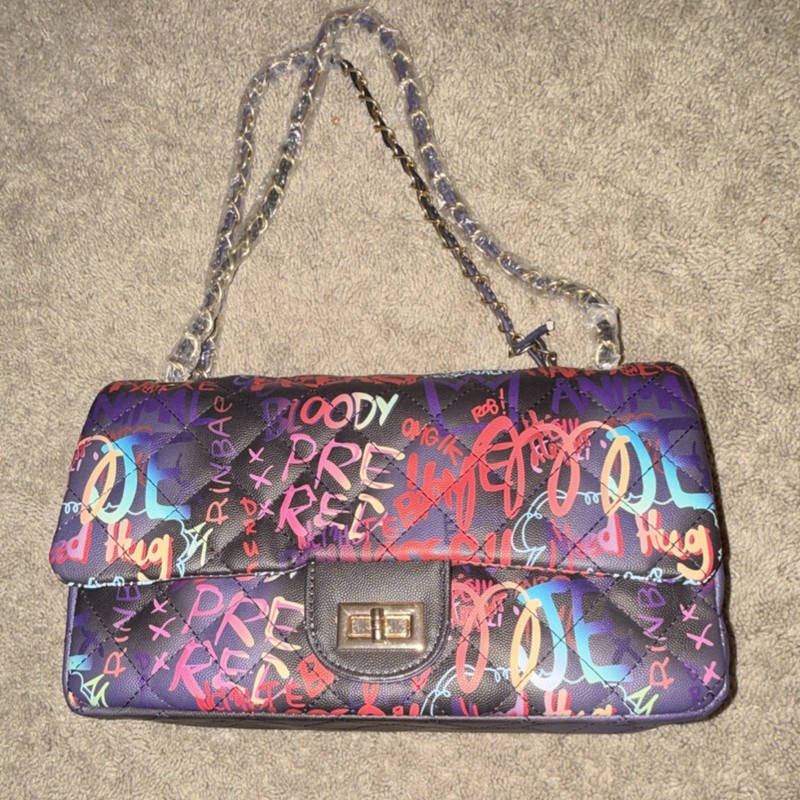 Graffiti Print Quilted Double Flap Chain Gold Hardware Turn Lock Shoulder Bag
