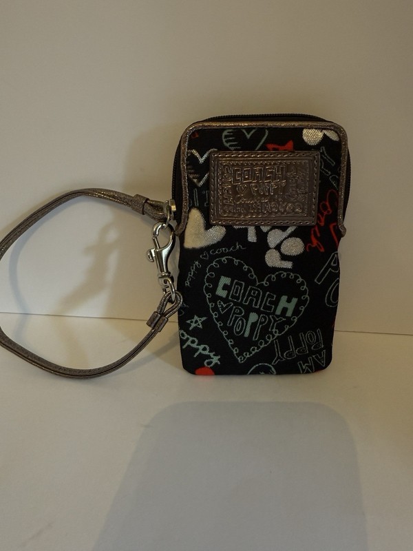 Coach Black Canvas Poppy Multi Leather Silver Trim Credit Card Zip Wristlet EUC