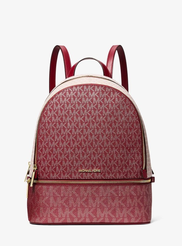 Michael Kors Rhea Medium Metallic Signature Logo Backpack Bag (Cherry)