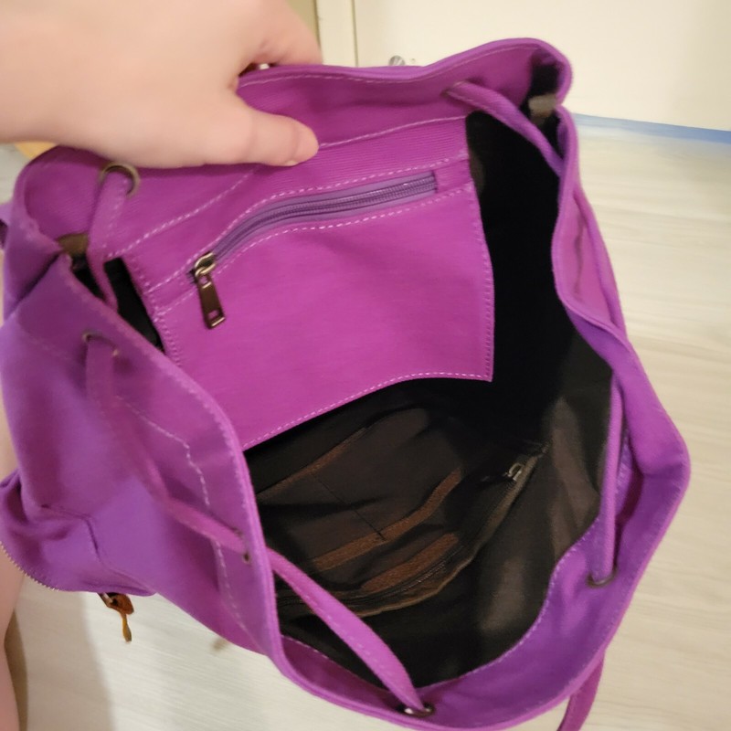 Purple Backpack with Flap Top and Adjustable Drawstring, Zippered Compartments gallery