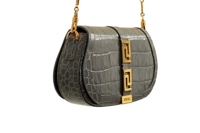 Versace Women’s Gray Croc Print Leather Greca Goddess Handbag Shoulder Bag
