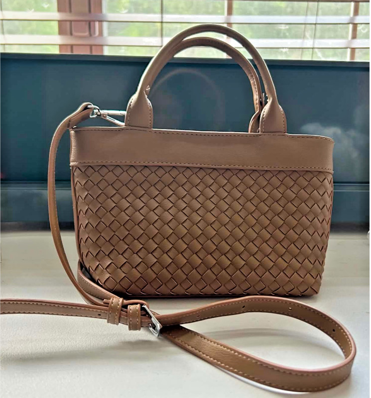 Antik Kraft Woven Mini Tote Crossbody Bag Tan Camel Faux Leather Purse gallery