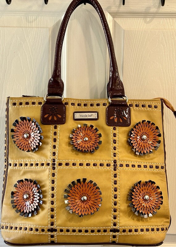 Nicole Lee Tote/Purse Butterscotch Color 3D Metal & Leather Flower Tote 14×17”