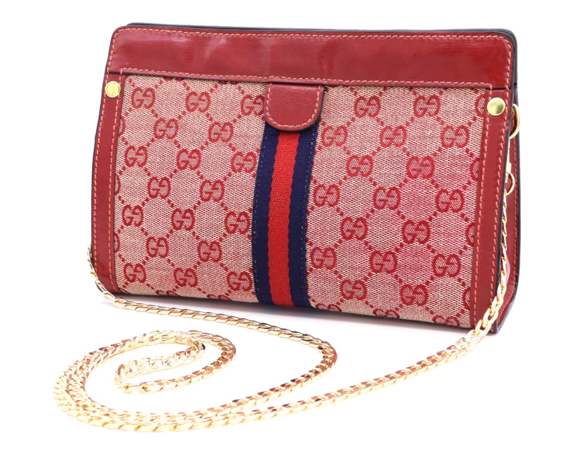 GUCCI VINTAGE Web Stripe Shoulder Bag Chain Strap GG Canvas Red Rare Authentic