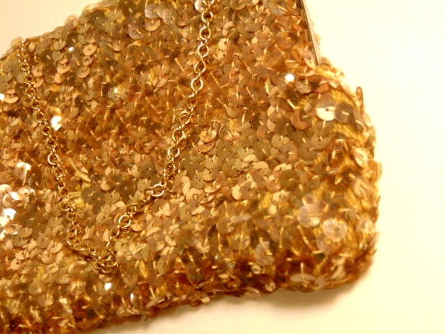 gold colored small change or make-up purse with round metallic gold sequins gallery