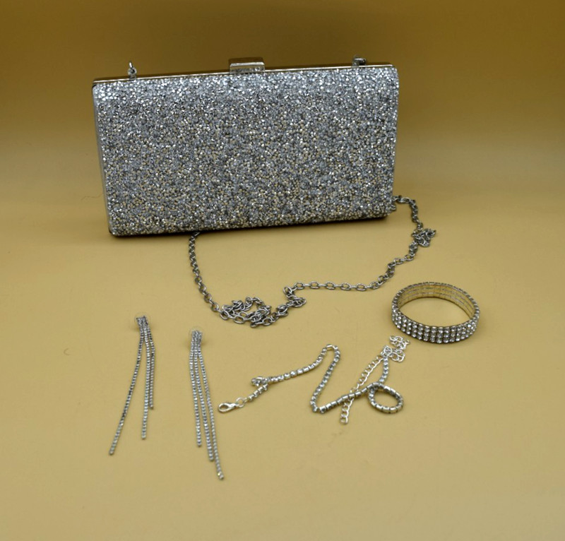 Silver Rhinestone Studded Evening Clutch Bag w/ Chain Strap & Jewerly Set