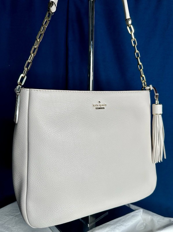 KATE SPADE Off-White Ivory Cream Pebbled Leather Gold Chain Tote Shoulder Bag