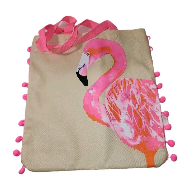 Flamingo Patterned Beach Bag Bright Pink 15 X 16″