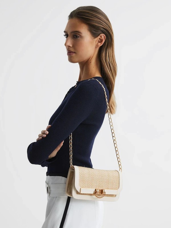 Reiss Lexi Clutch Shoulder Bag Gold Chain Natural/Off White Raffia/Leather – NWT