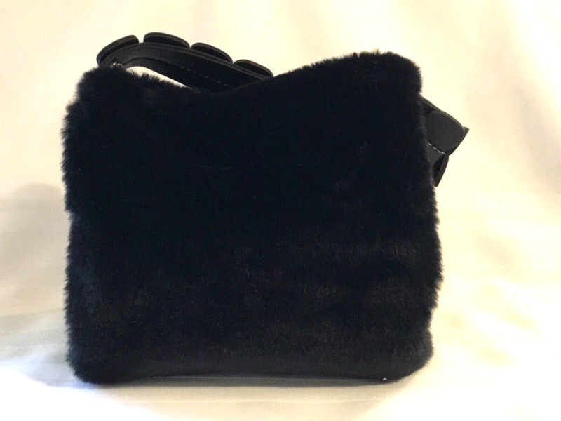 Small Black Faux Fur Short Barrel Purse Black Stitched Top Handle gallery
