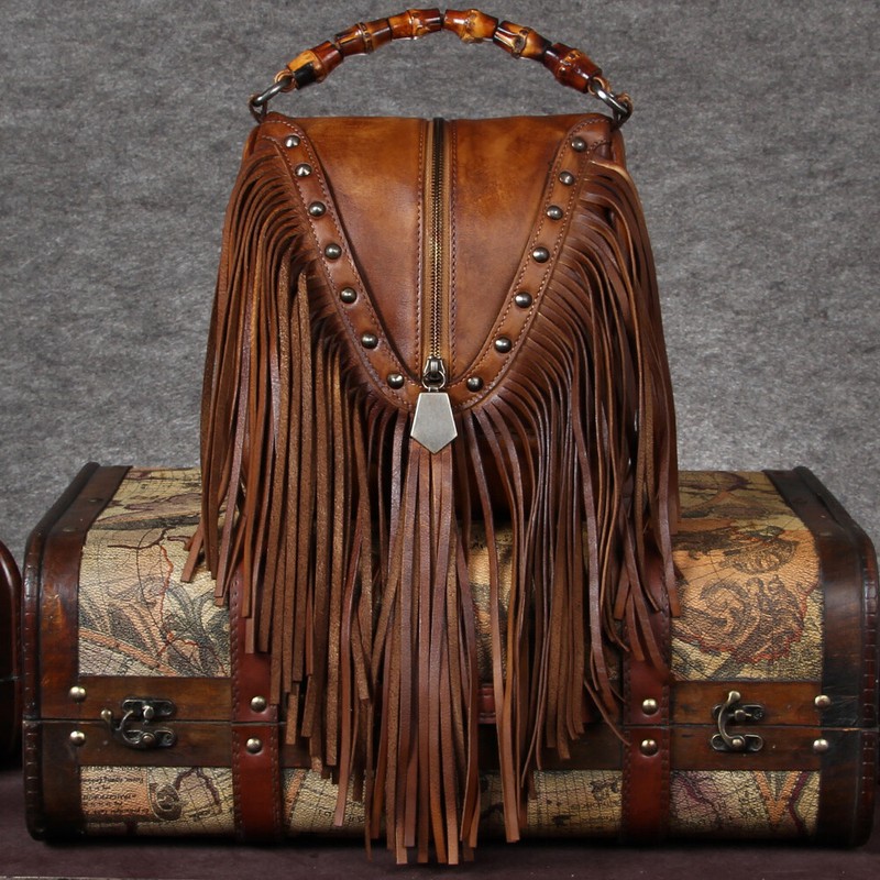 Genuine Leather Tassel Purses and Handbags Women Fashion Crossbody Shoulder Bag