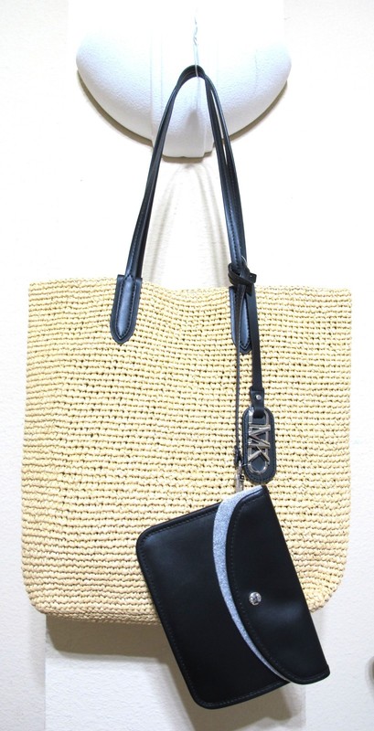 NEW Authentic MICHAEL KORS ELIZA Large NS Tote Straw Natural/Black w/Pouch