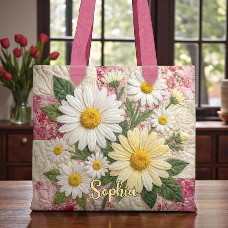 Personalized Daisy Tote Bag, Custom Name Floral Quilt Tote, White Daisy Flower G