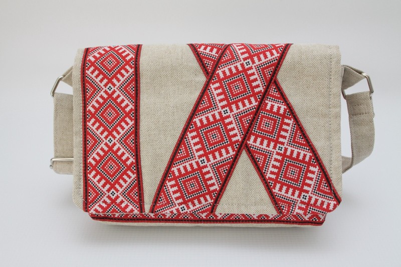 One of a Kind Women’s Cotton Handbag Beige Patterned Fabric Magnetic Flap.