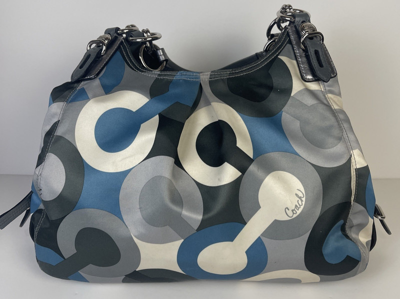 Coach Mia Bias Op Art Maggie Bag Purse Blue Gray White Satin Please Read Descrip