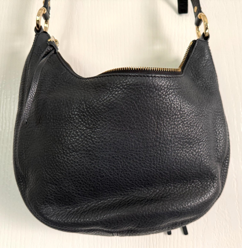 Michael Kors Rhea NS Crossbody Purse Medium Black Gold Pebbled Leather 12x8 gallery