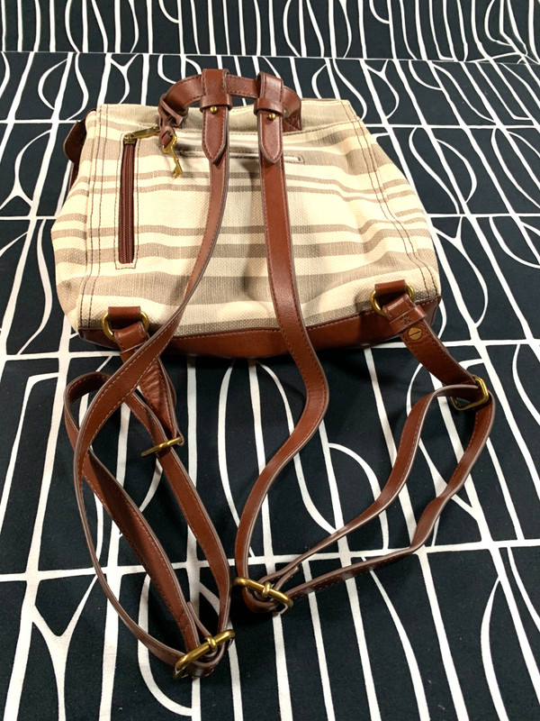 Fossil Elina Convertible Backpack Handbag Taupe & Brown Stripe Canvas Purse Bag gallery