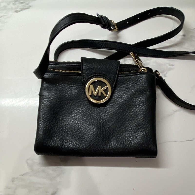Michael Kors Black Logo Pebbled Crossbody Bag Gold Hardware Double Zip Strap