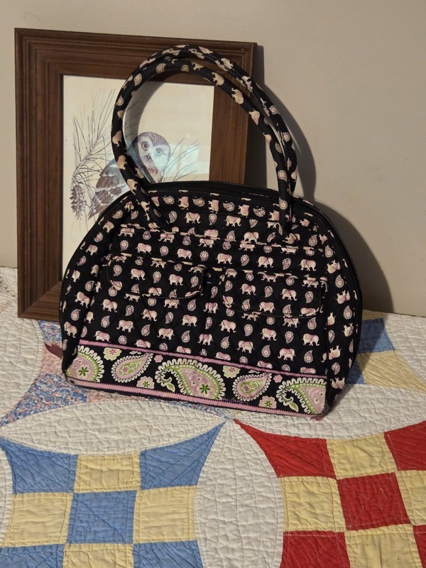 Vera Bradley satchel handbag With Retired black/pink elephant Quilted Vintage