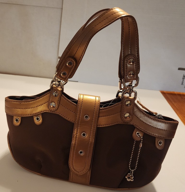 Fabric & Leather, Copper & Brown Color Handbag, Zip Closure, 3 Inside Pockets