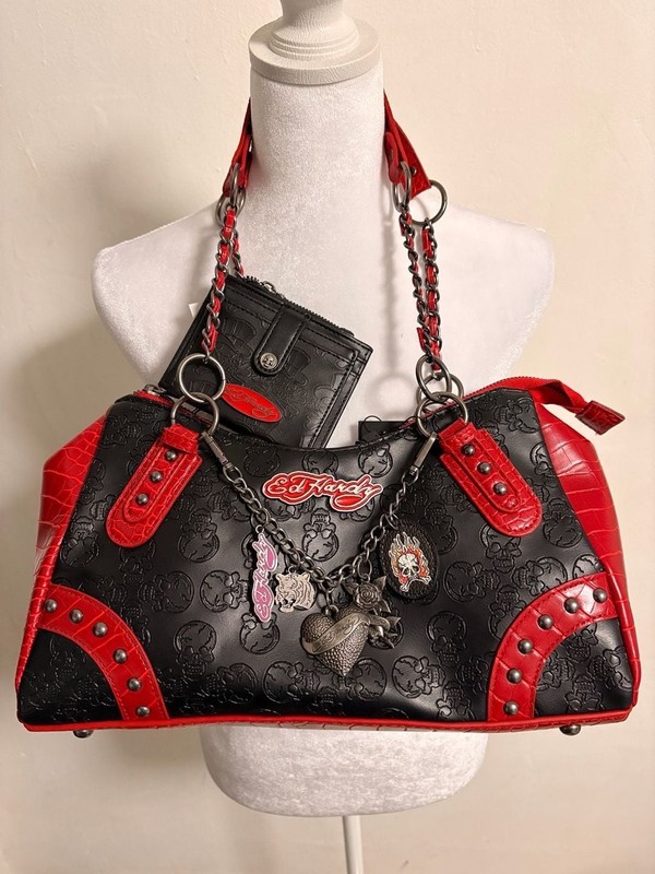 Ed Hardy Gothic Y2K Harajuku Alt Goth Studded Tote with matching wallet NWT