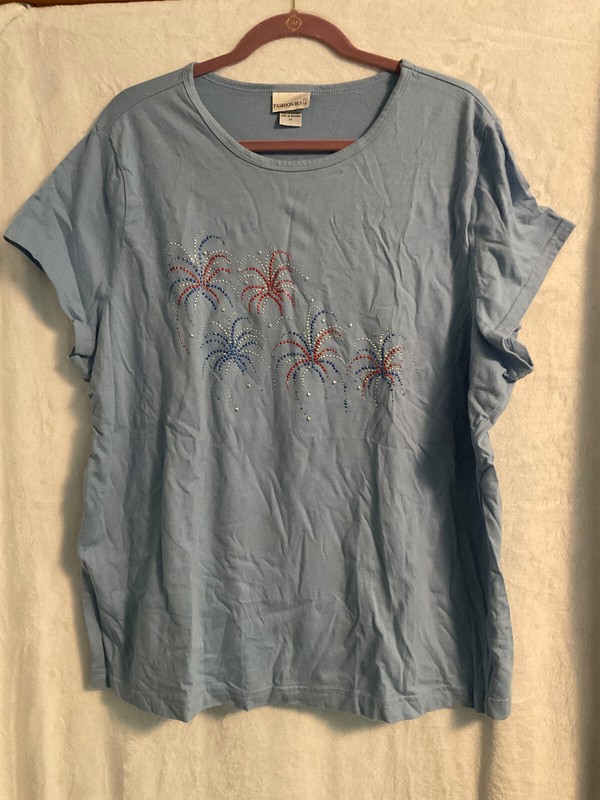 Fashion Bug Light Blue Multi Fireworks Red Silver & Blue SequenceShortSleeve Top