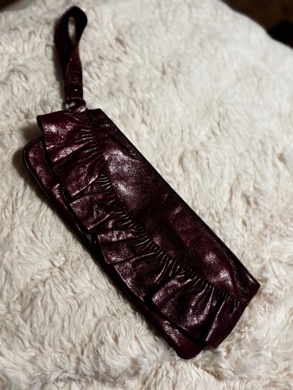 HOBO International Red Leather Ruffled Wristlet Clutch Purse Zip Top