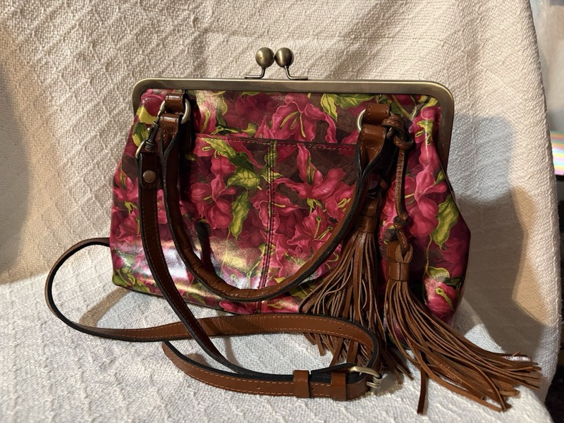 Patricia Rora Frame Satchel Bougainvillea Floral Kiss Lock Leather Bag NEW