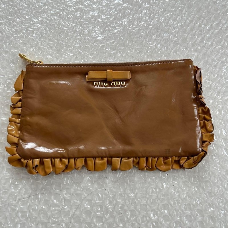 MIU MIU Enamel Brown Pouch Frill Gold zip No accessories