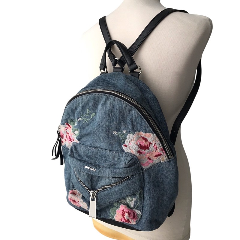 DIESEL Vintage Denim Backpack Floral Embroidery Boho Chic Indie Coquette Y2K 00s